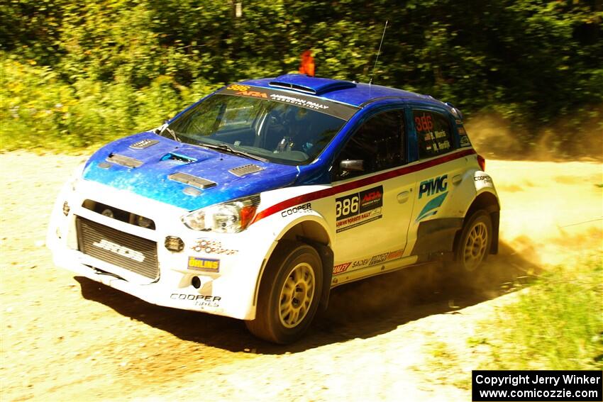 Brad Morris / Michael Hordijk Mitsubishi Mirage at speed on SS10, Strawberrry Mountain II.