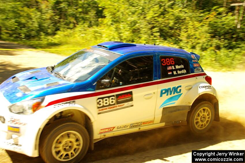 Brad Morris / Michael Hordijk Mitsubishi Mirage at speed on SS10, Strawberrry Mountain II.