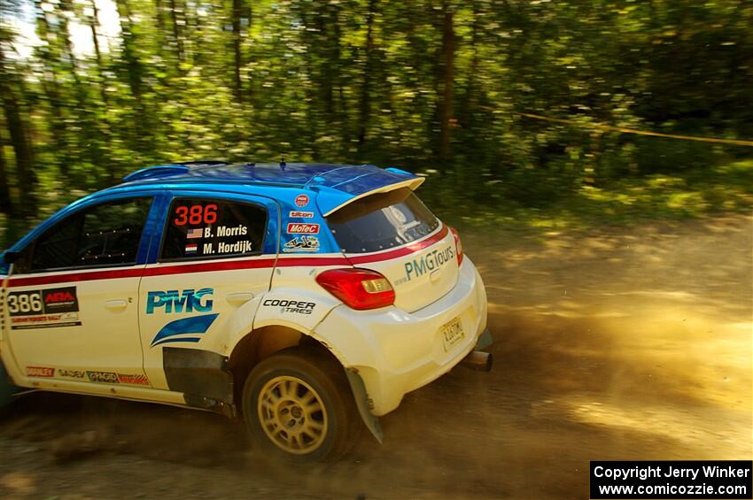 Brad Morris / Michael Hordijk Mitsubishi Mirage at speed on SS10, Strawberrry Mountain II.