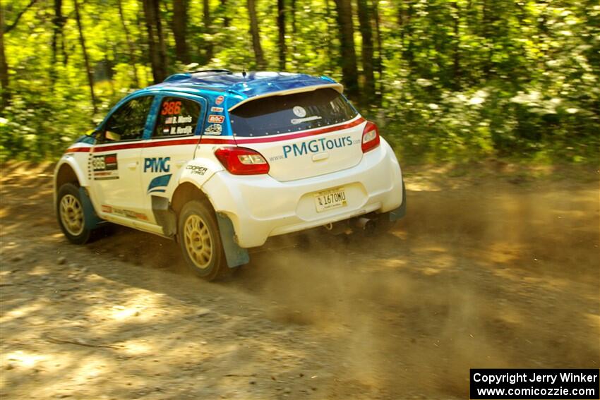 Brad Morris / Michael Hordijk Mitsubishi Mirage at speed on SS10, Strawberrry Mountain II.