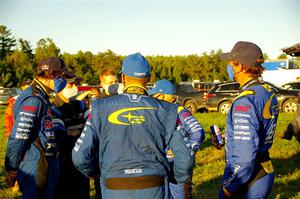 L to R) Brandon Semenuk, Barry McKenna, Leon Jordan, John Hall, Rhianon Gelsomino and Travis Pastrana converse.