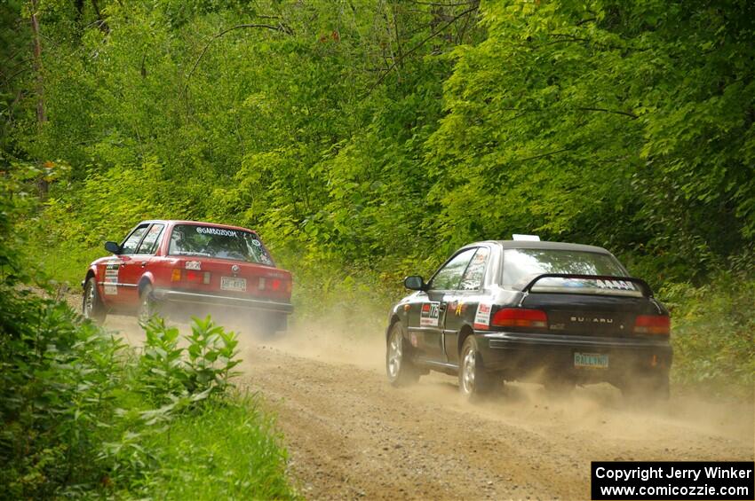 Gabe Jacobsohn / Zach Pfeil BMW 325e and Kristian Rue / Mark Rue Subaru Impreza 2.5RS on SS1, Steamboat I.