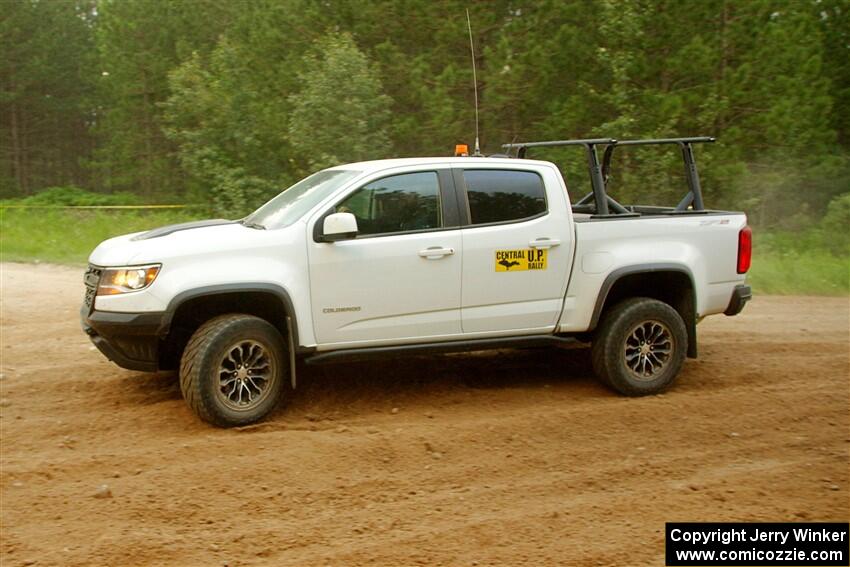 A Chevy Colorado ZR2 Pickup sweep vehicle comes through SS7, Sand Rd.