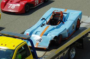 Andrea King's Spec Racer Ford 3 comes in on the flat bed.