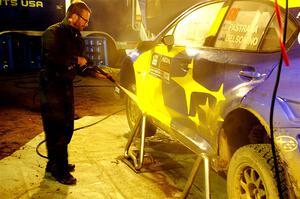 Travis Pastrana / Rhianon Gelsomino Subaru WRX STi is cleaned after day one on the stages.