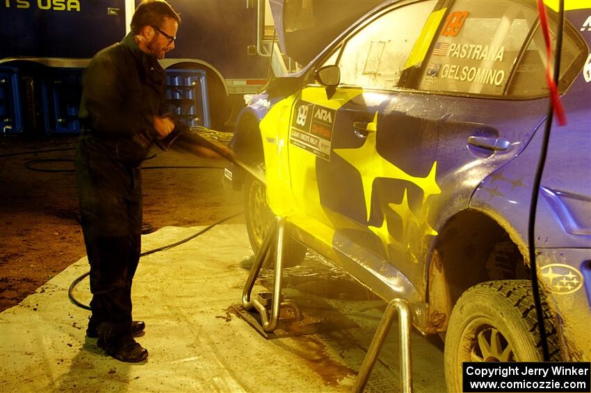 Travis Pastrana / Rhianon Gelsomino Subaru WRX STi is cleaned after day one on the stages.