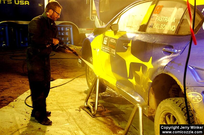 Travis Pastrana / Rhianon Gelsomino Subaru WRX STi is cleaned after day one on the stages.