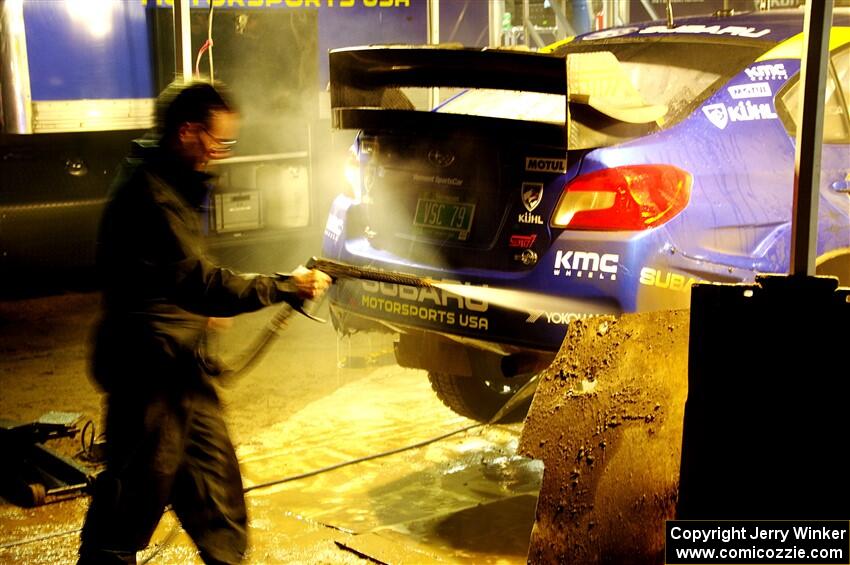 Travis Pastrana / Rhianon Gelsomino Subaru WRX STi is cleaned after day one on the stages.