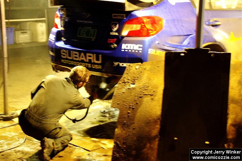 Travis Pastrana / Rhianon Gelsomino Subaru WRX STi is cleaned after day one on the stages.