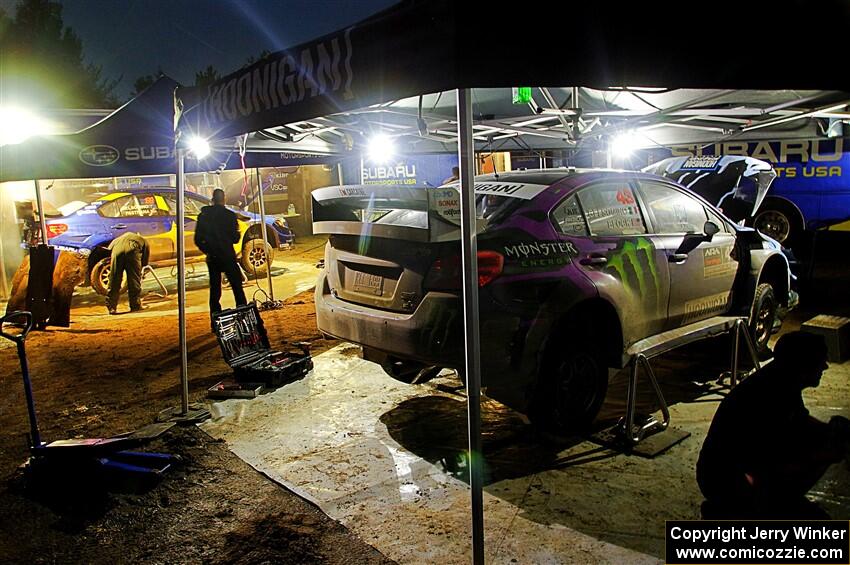 Travis Pastrana / Rhianon Gelsomino and Ken Block / Alex Gelsomino Subaru WRX STis after day one on the stages.