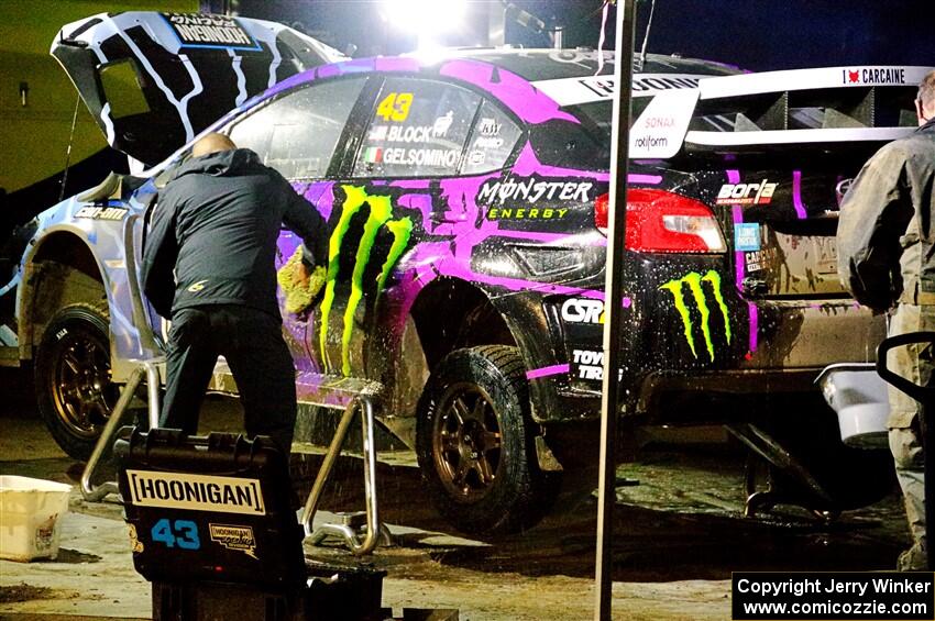 Ken Block / Alex Gelsomino Subaru WRX STi is cleaned after day one on the stages.