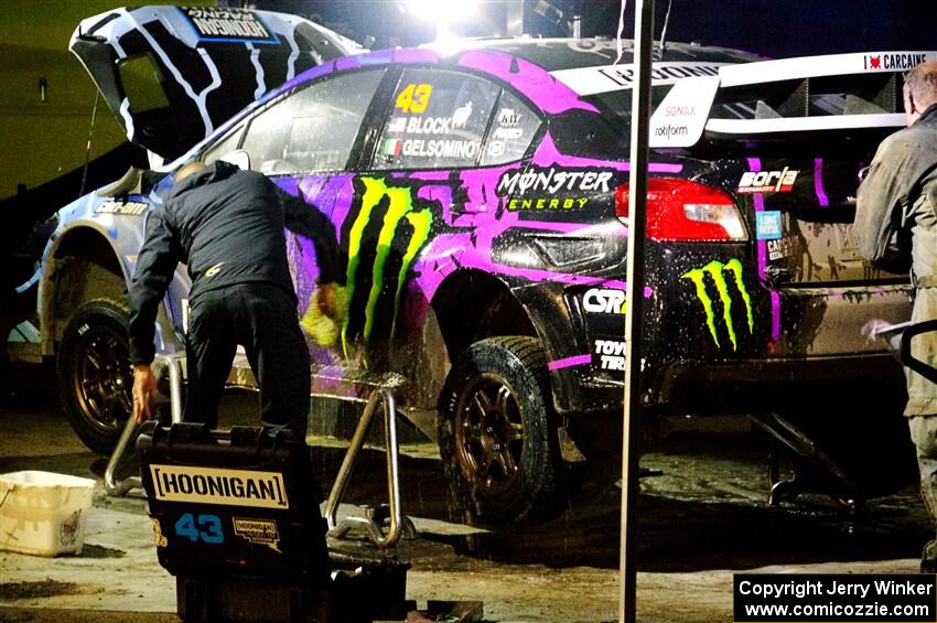 Ken Block / Alex Gelsomino Subaru WRX STi is cleaned after day one on the stages.