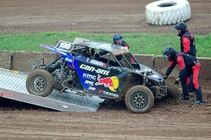 Travis Pastrana's Can-Am Maverick X3 sustains heavy damage and is done for the weekend.