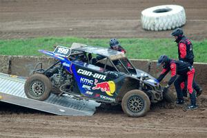 Travis Pastrana's Can-Am Maverick X3 sustains heavy damage and is done for the weekend.