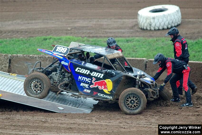 Travis Pastrana's Can-Am Maverick X3 sustains heavy damage and is done for the weekend.