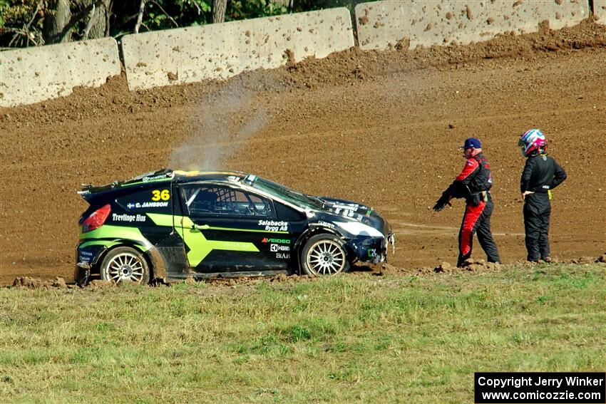 Casper Jansson's Olsbergs MSE RX2 stops on course with a small engine fire.