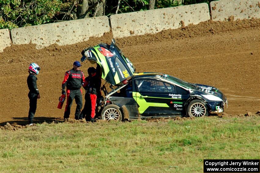 Casper Jansson's Olsbergs MSE RX2 stops on course with a small engine fire.