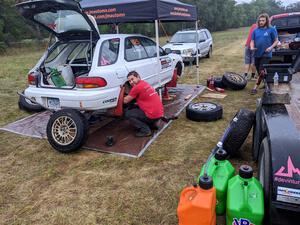 Aidan Hicks / John Hicks Subaru Impreza Wagon prior to the start of day two's stages.