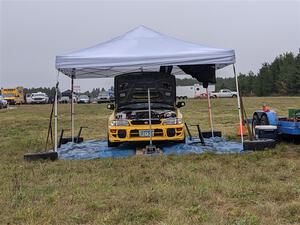 Steve Gingras / Katie Gingras Subaru Impreza prior to the start of day two's stages.