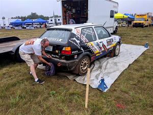 Todd Hartmann / Shawn Callahan VW GTI prior to the start of day two's stages.