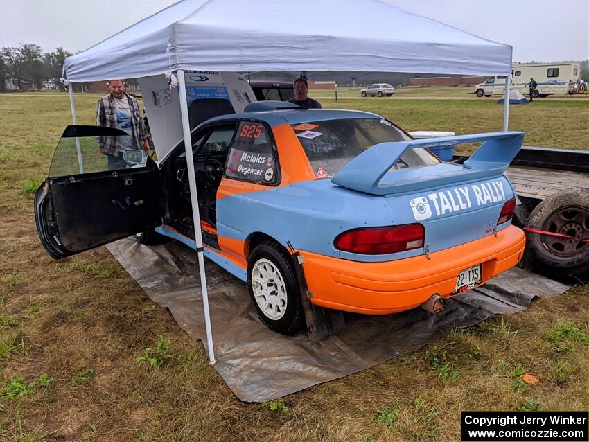 Tyler Matalas / Izaak Degenaer Subaru Impreza LX prior to the start of day two's stages.