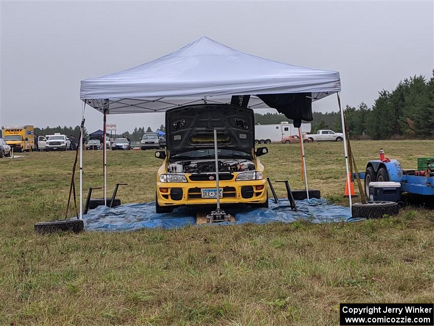 Steve Gingras / Katie Gingras Subaru Impreza prior to the start of day two's stages.