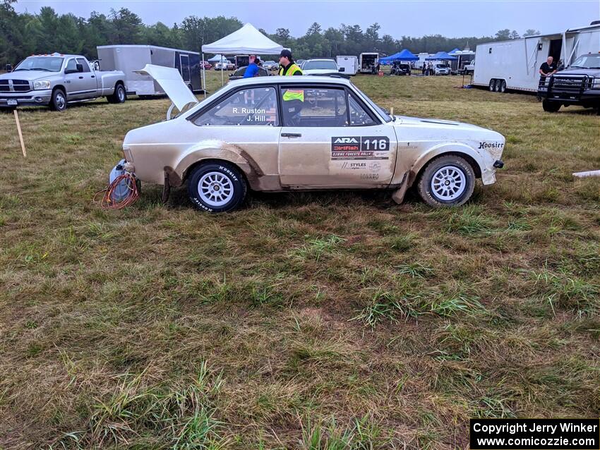 John Hill / Rebecca Ruston Ford Escort Mk II prior to the start of day two's stages.