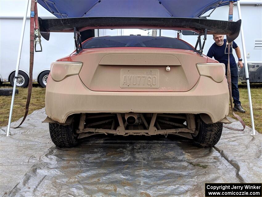 Derik Nelson / Jason Grahn Subaru BRZ prior to the start of day two's stages.