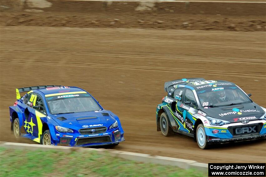 Steve Arpin's Hyundai i20 and Andreas Bakkerud's Subaru WRX STi