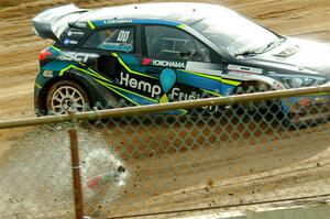 Steve Arpin destroys the front suspension on his Hyundai i20 and spins.