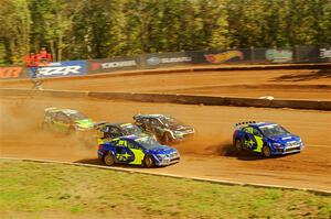 Five cars battle into the first turn during one of Sunday's heat races.