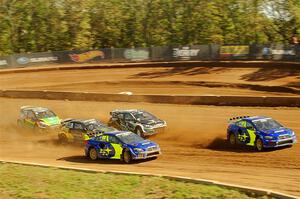 Five cars battle into the first turn during one of Sunday's heat races.