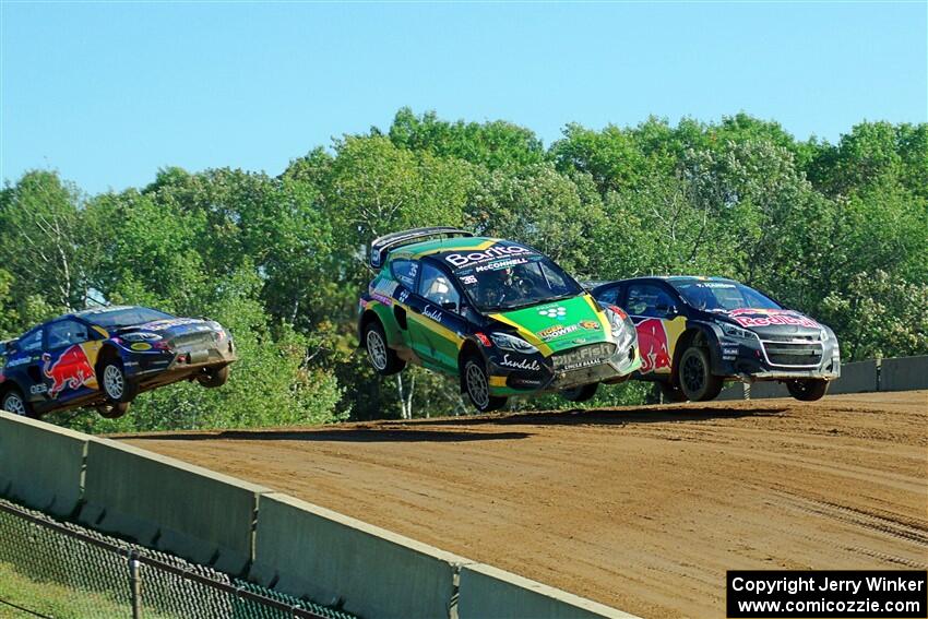 Fraser McConnell's Ford Fiesta ST, Timmy Hansen's Peugeot 208 and Oliver Eriksson's Ford Fiesta RS