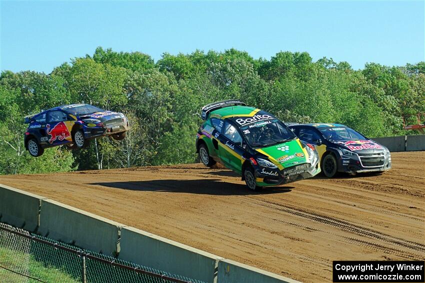 Fraser McConnell's Ford Fiesta ST, Timmy Hansen's Peugeot 208 and Oliver Eriksson's Ford Fiesta RS