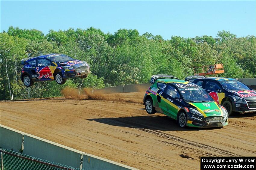 Fraser McConnell's Ford Fiesta ST, Timmy Hansen's Peugeot 208 and Oliver Eriksson's Ford Fiesta RS