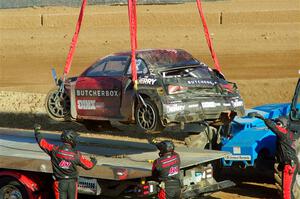 Cabot Bigham's Audi S1 is put onto the flatbed.