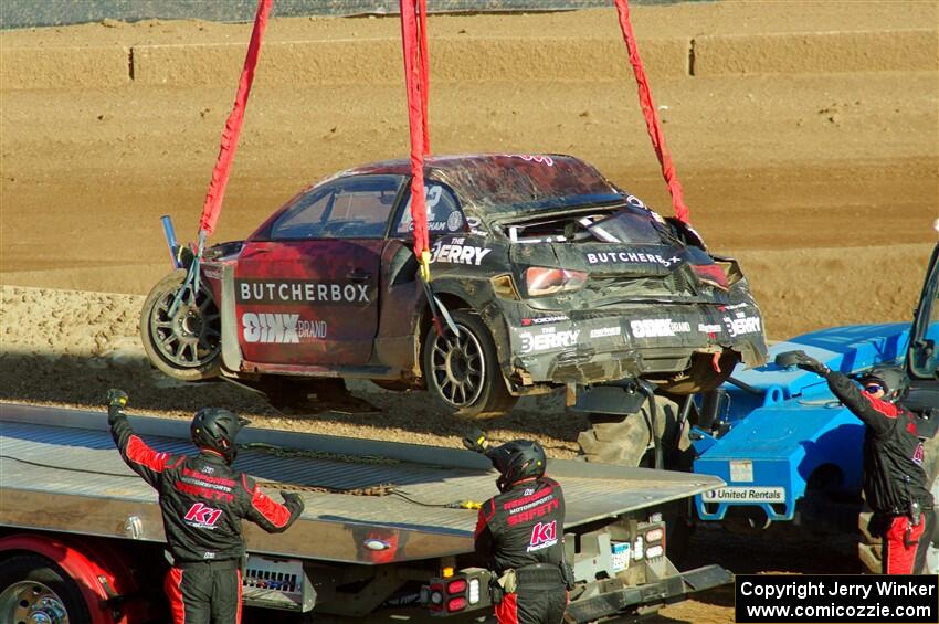 Cabot Bigham's Audi S1 is put onto the flatbed.