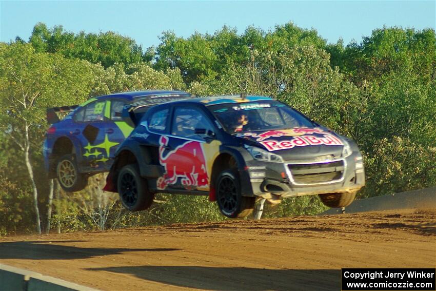 Timmy Hansen's Peugeot 208 and Travis Pastrana's Subaru WRX STi