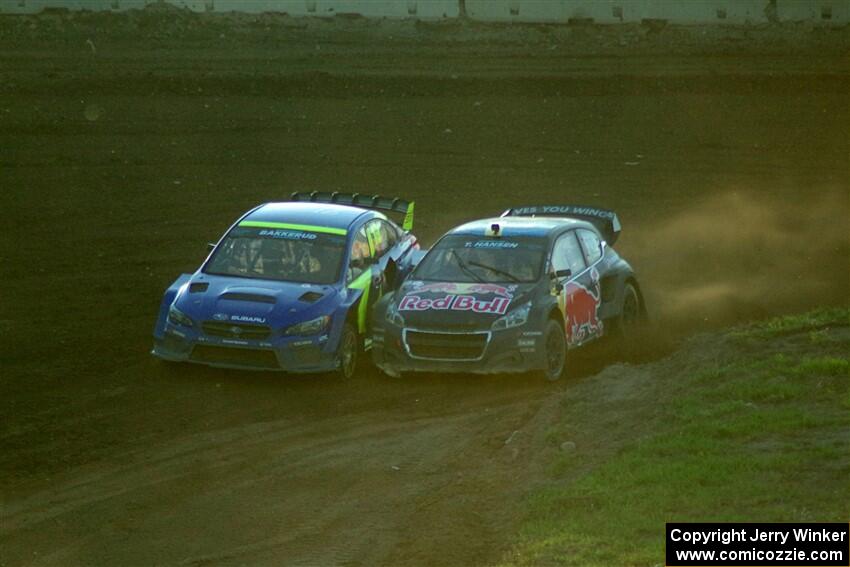 Andreas Bakkerud's Subaru WRX STi and Timmy Hansen's Peugeot 208