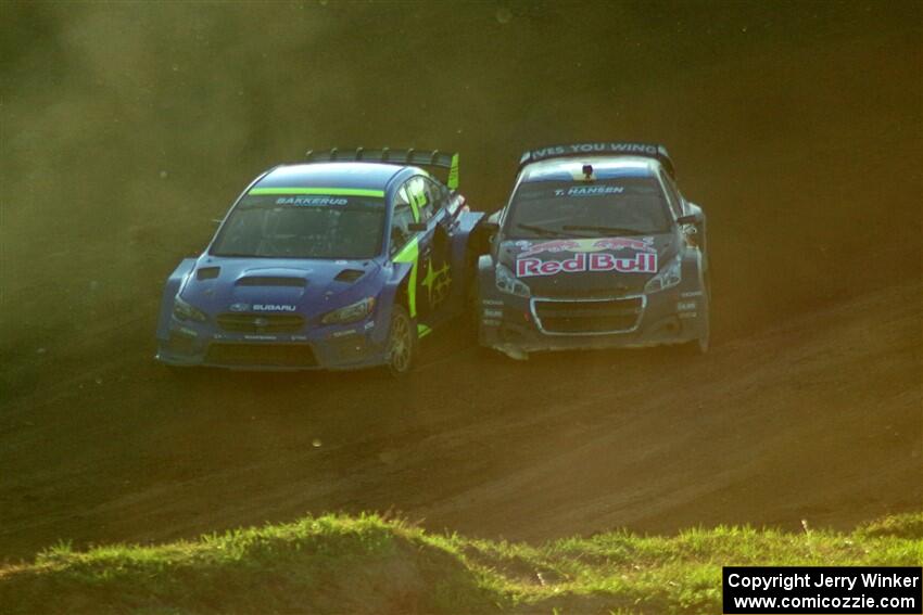 Andreas Bakkerud's Subaru WRX STi and Timmy Hansen's Peugeot 208