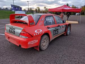 George Plsek / Krista Skucas Mitsubishi Lancer WRC at service in L'Anse on day two of the event.