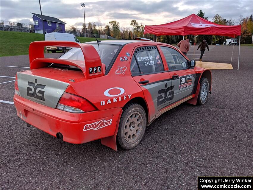 George Plsek / Krista Skucas Mitsubishi Lancer WRC at service in L'Anse on day two of the event.