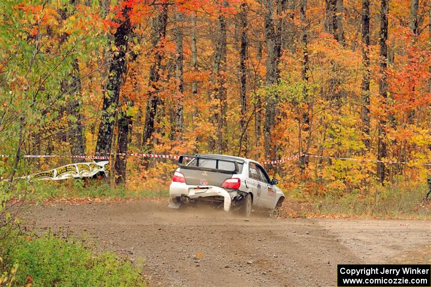 Dylan Murcott / Boyd Smith Subaru WRX STi limps through SS9, Silver-Arvon I, with a flat tire.