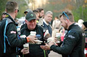 Tim Whitteridge, Paul Rowley and Kyle Tilley have coffee and tea delivered prior to the start of SS14, Mount Marquette.