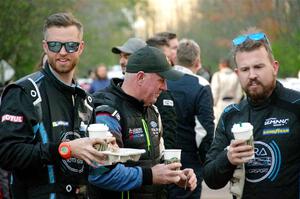 Tim Whitteridge, Paul Rowley and Kyle Tilley have coffee and tea delivered prior to the start of SS14, Mount Marquette.