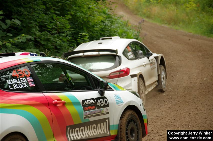 Allen Dobasu / Patrick Walsh Ford Fiesta passes the Lucy Block / Michelle Miller Ford Fiesta Rally3 on SS1, Crossroads I.