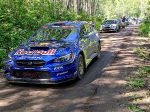 Brandon Semenuk / Keaton Williams Subaru WRX STi and others at the start of SS11, Anchor Hill NB.