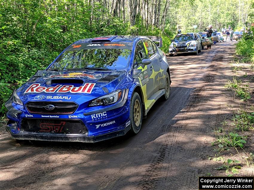 Brandon Semenuk / Keaton Williams Subaru WRX STi and others at the start of SS11, Anchor Hill NB.