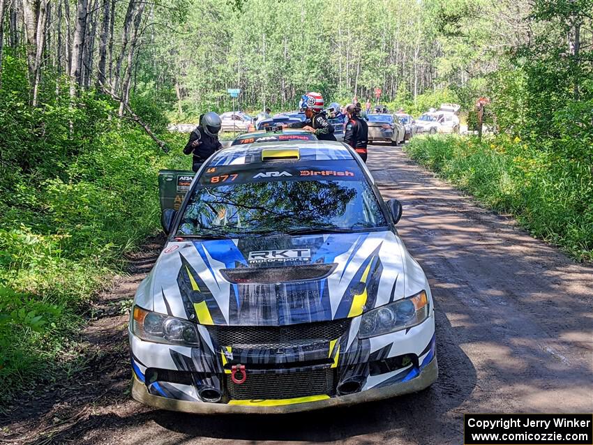 Klim Fedoff / Oscar Romero Mitsubishi Lancer Evo IX at the start of SS11, Anchor Hill NB.