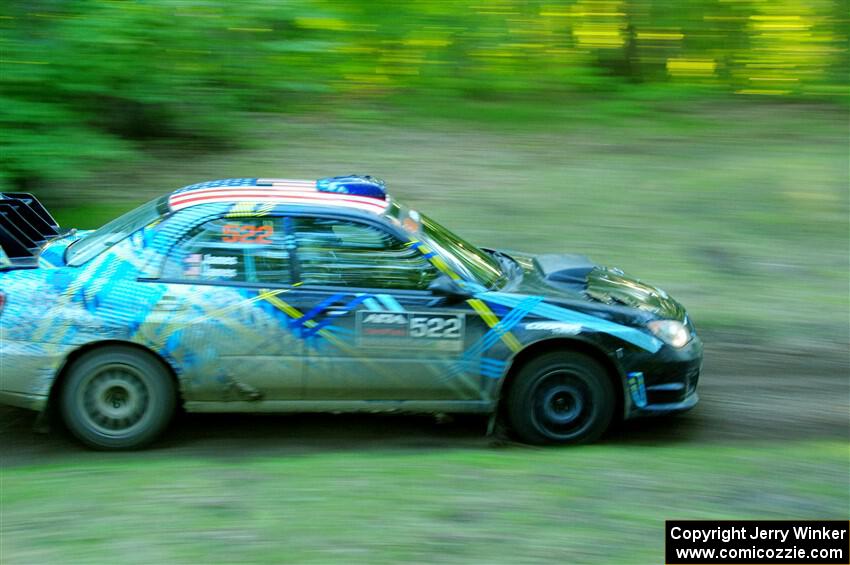 Matt James / Jackie James Subaru Impreza limps through SS16, Soo Pass East II, with a right-front flat.